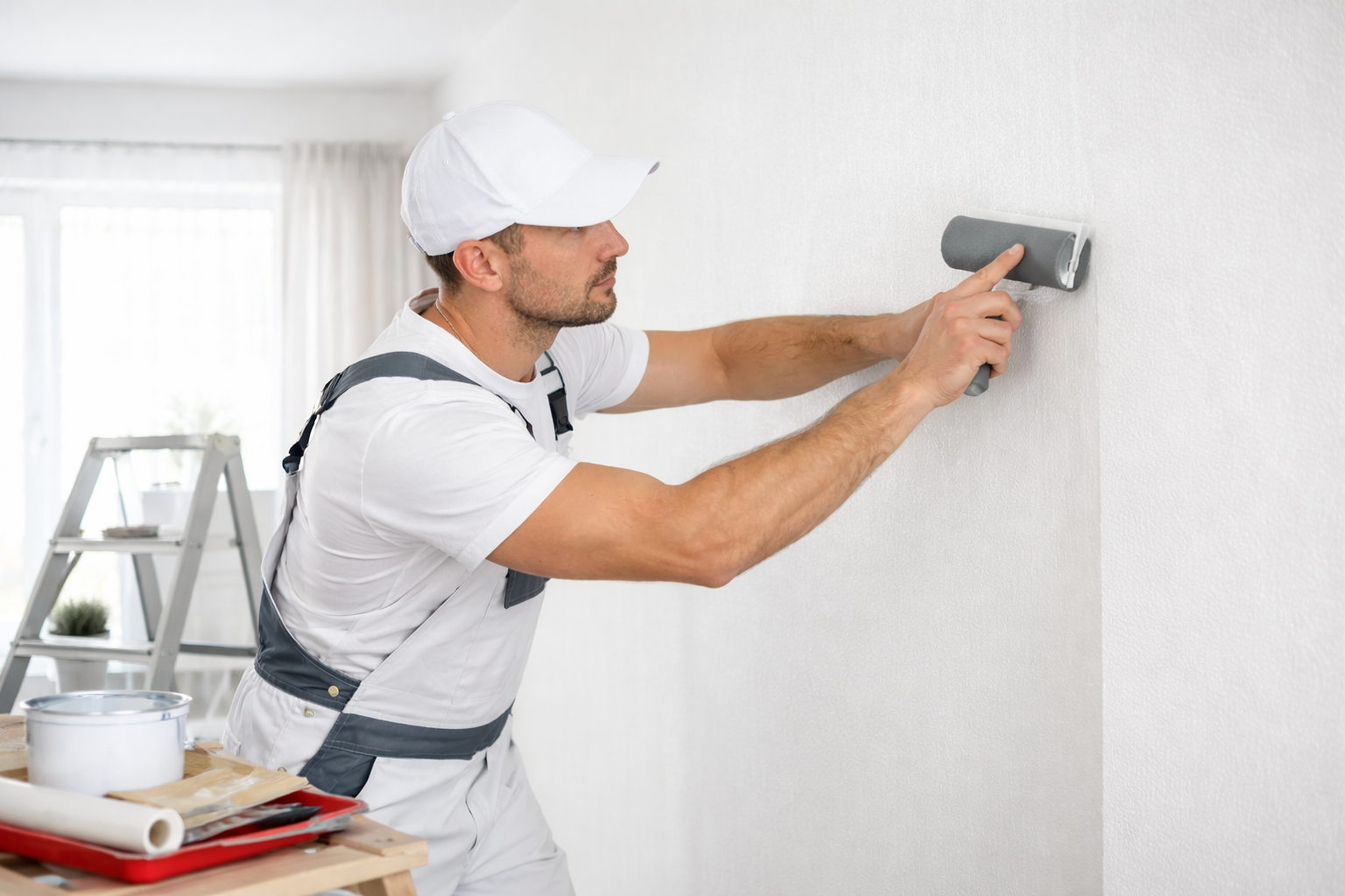 Behanger inhuren voor glasvlies behang die strak en naadloos wordt aangebracht op een muur