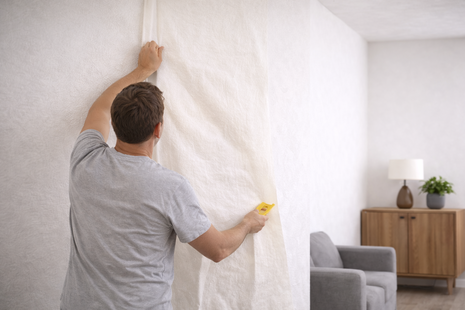 Man behangt glasvlies behang op stucwerk.