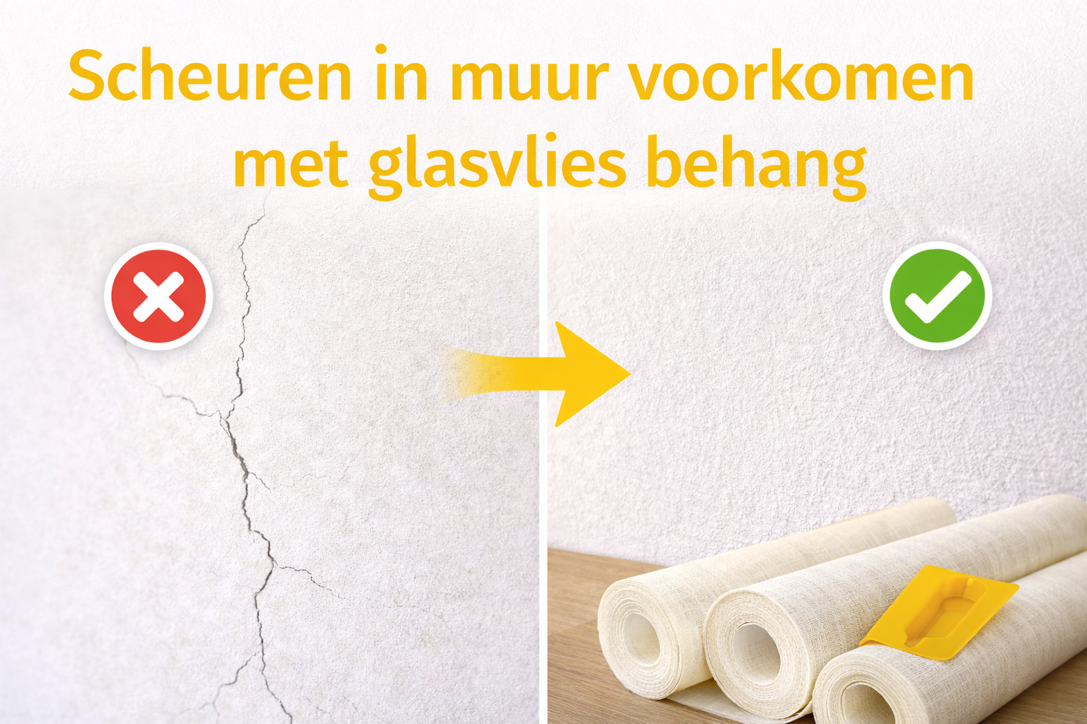 Scheuren in muur voorkomen met glasvlies behang.