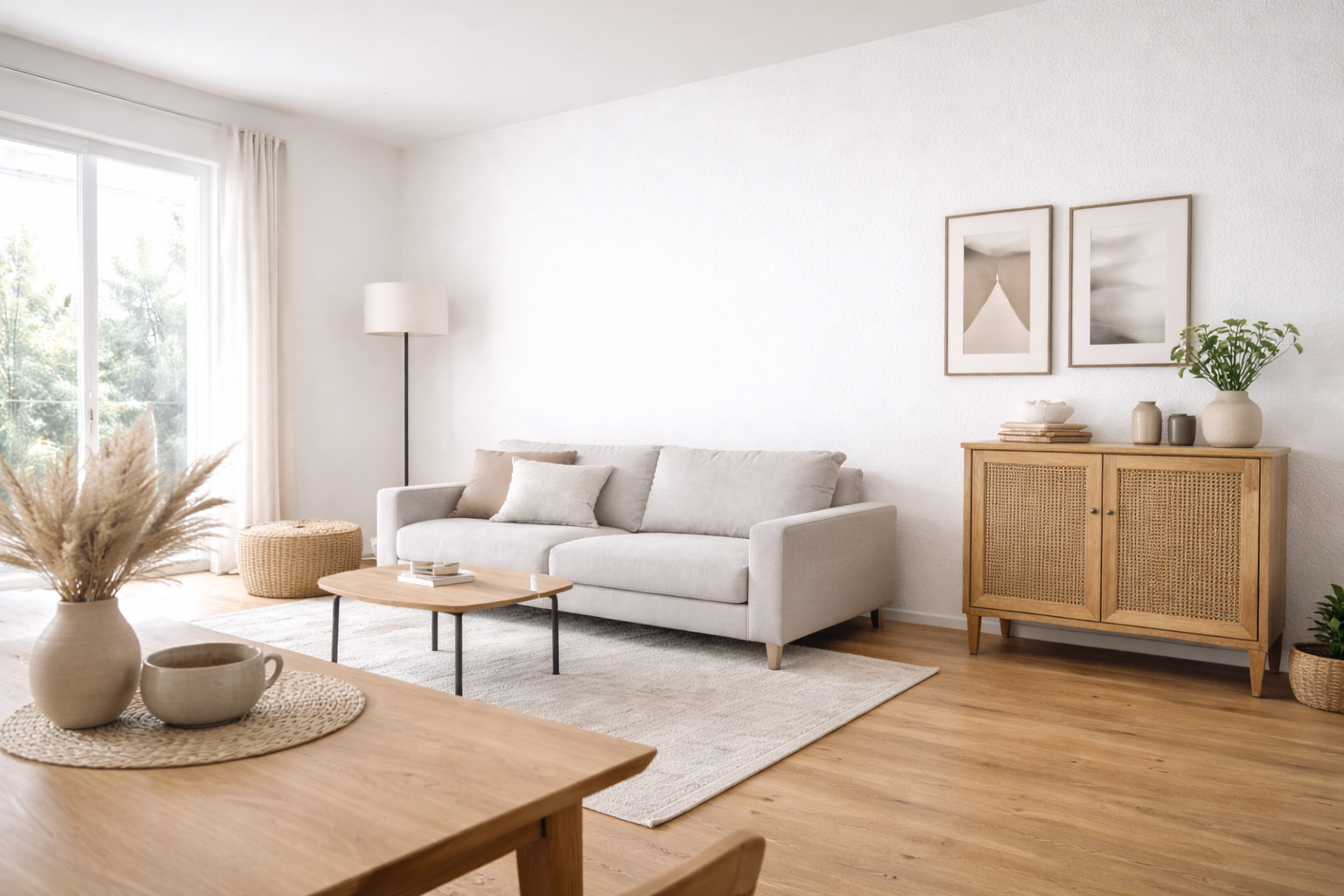 Moderne woonkamer met gladde muren dankzij glasvlies behang